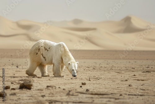 Distant shot of starving polar bear scavenging in barren desert, survival theme. photo
