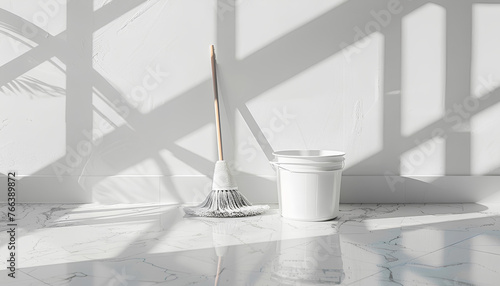 bucket, mop and rag on white marble floor in white room photo