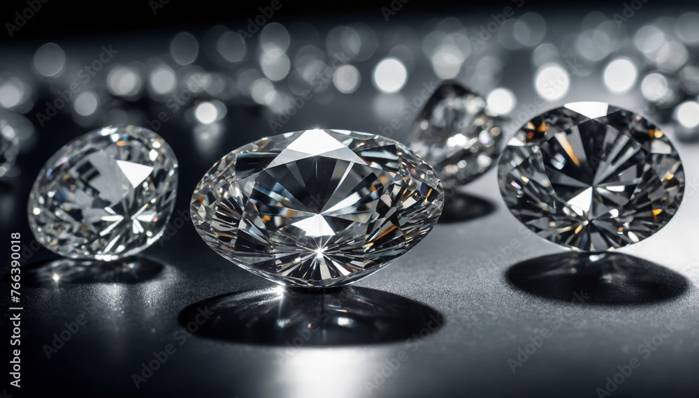 A scattering of small shiny diamonds lies on the table surface A scattering of small shiny diamonds lies on the table surface