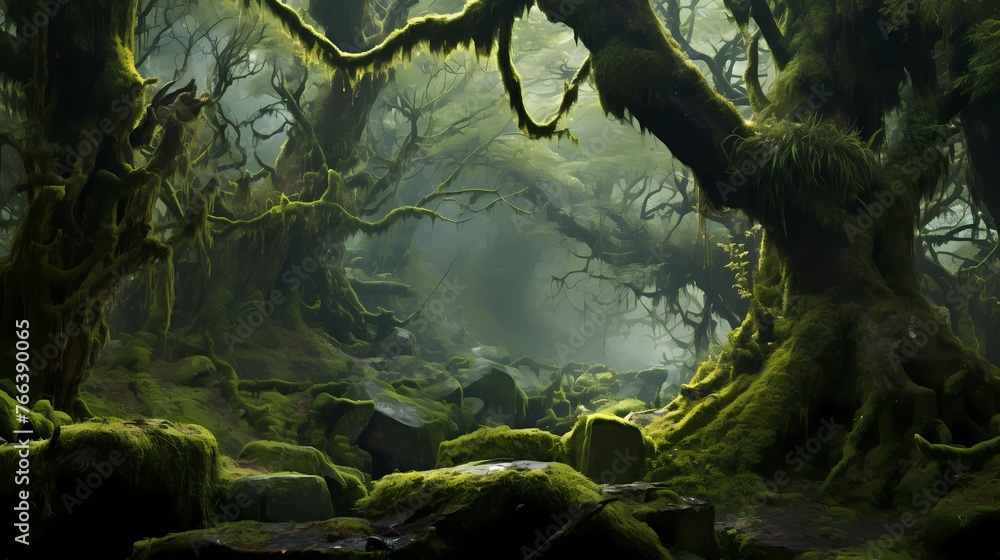 A cluster of old, gnarled trees covered in vibrant green moss, creating an enchanting atmosphere in the heart of the forest.