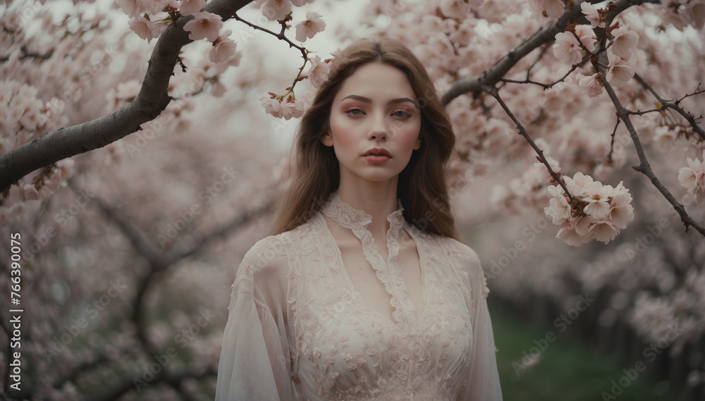 Young romantic girl standing near blossoming tree, spring flower background Young romantic girl standing near blossoming tree, spring flower background