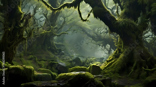 A cluster of old, gnarled trees covered in vibrant green moss, creating an enchanting atmosphere in the heart of the forest. © Nature