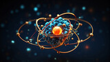 An atom with glowing electrons and a nucleus, atomic energy and science concept
