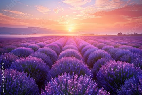 Blooming lavender field at sunrise: a magical awakening of nature.