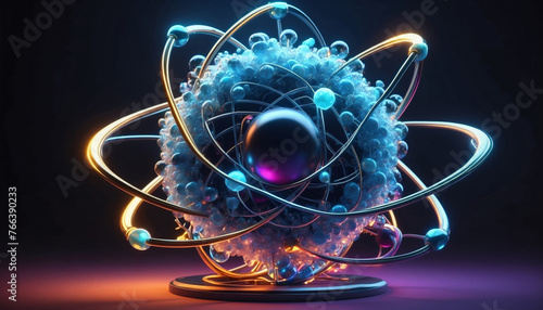 An atom with glowing electrons and a nucleus  atomic energy and science concept
