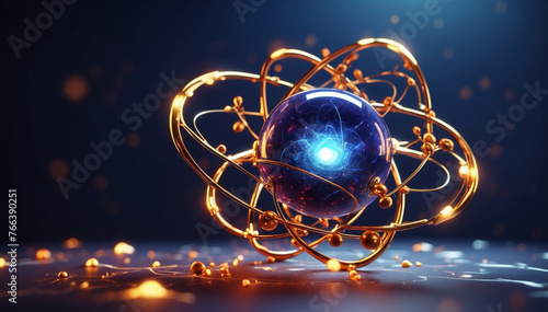 An atom with glowing electrons and a nucleus, atomic energy and science concept