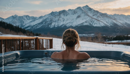 Back view of woman resting in hot tub with view on mountain