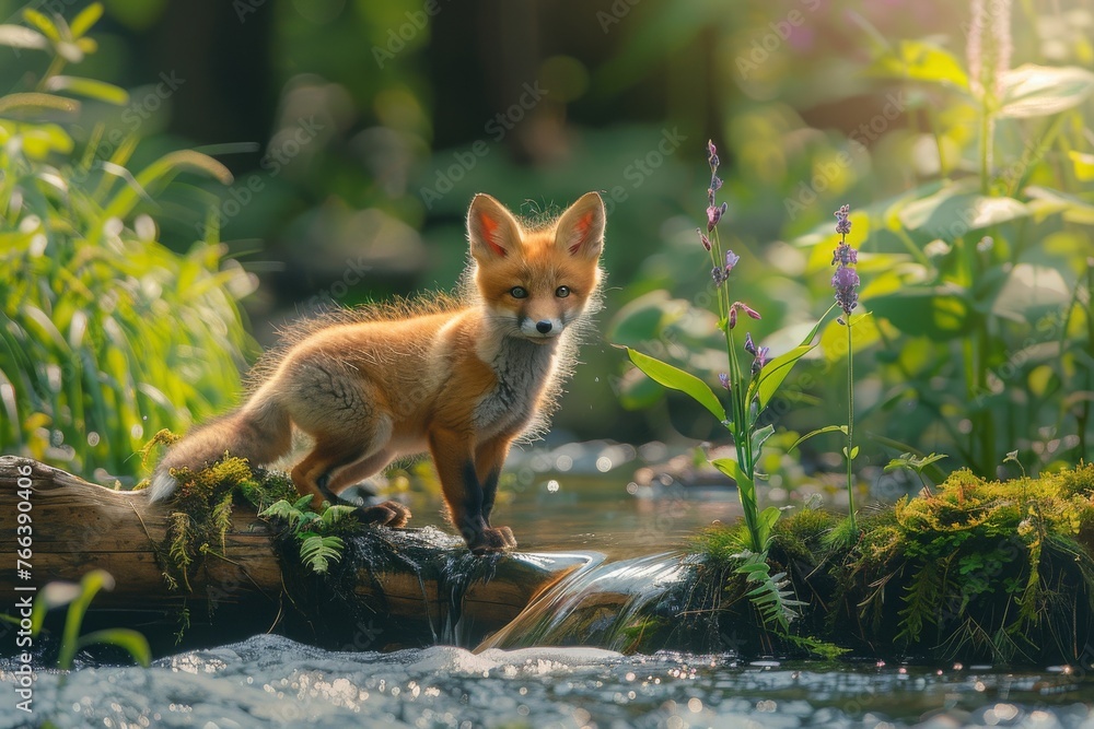 Obraz premium Little foxes on the river in the forest. A small stream in the summer morning misty dew 
