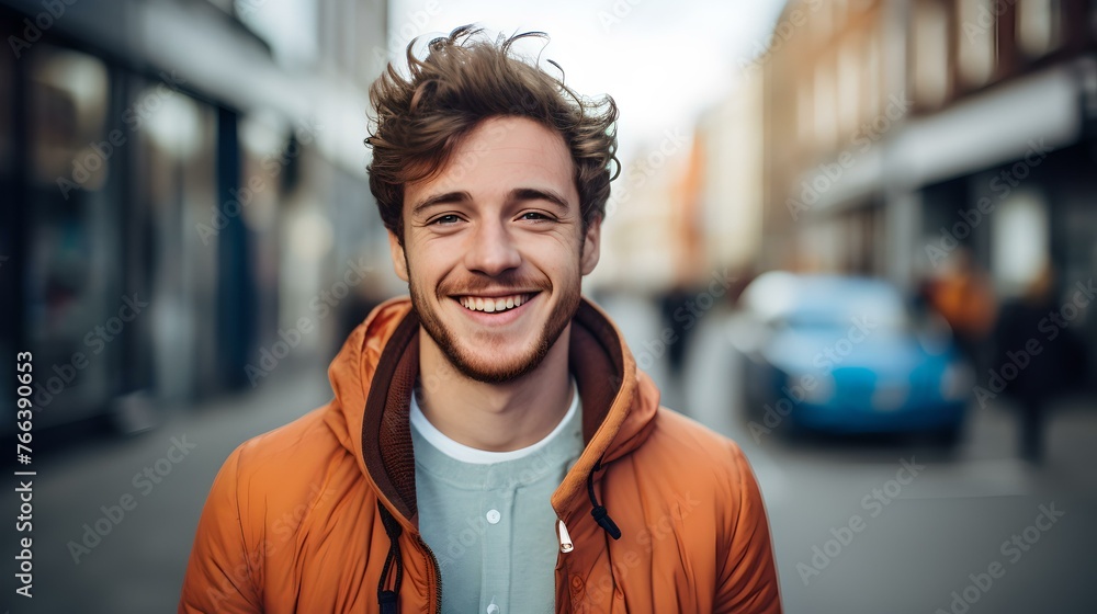 Fototapeta premium Happy young man smiling on urban street, casual style and positive vibes