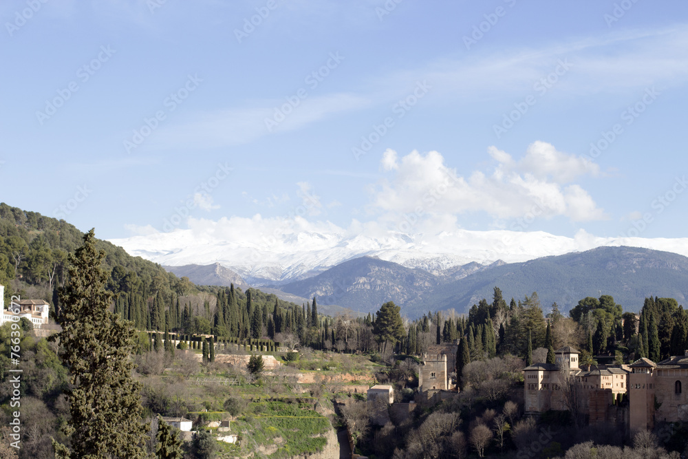 View of Sierra Nevada Mountains from Granada, Spain 