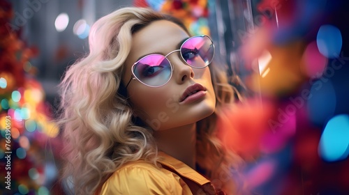 Stylish woman in sunglasses with vivid bokeh lights - fashion and lifestyle