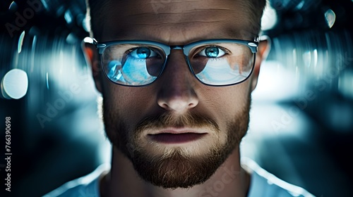 Focused technologist with reflections in glasses against a high-tech background photo