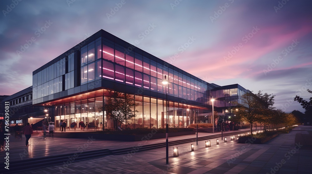 Modern glass building exterior at twilight with illuminated windows and dramatic sky Modern glass building exterior at twilight with illuminated windows and dramatic sky