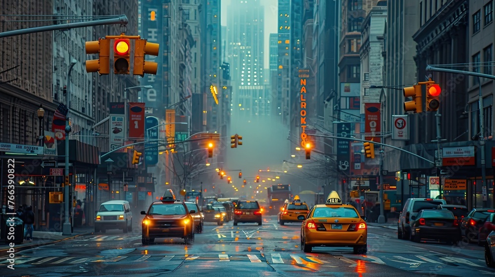 Bustling City Streets Illuminated by Traffic Lights and Neon Signs,Guiding Travelers Through the Urban Landscape