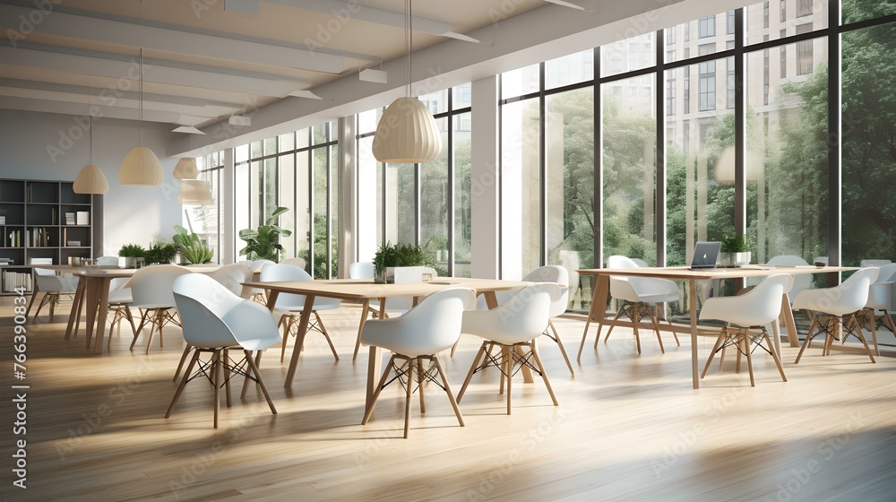Modern cafe interior with natural light and elegant furniture design