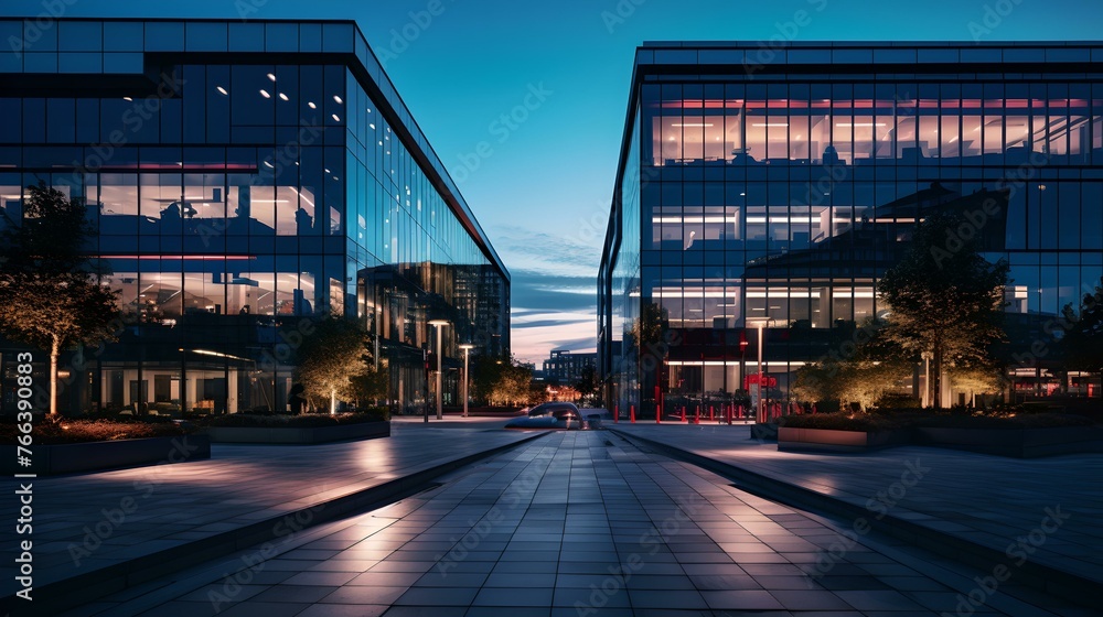 Fototapeta premium Serene evening at modern office park with illuminated buildings