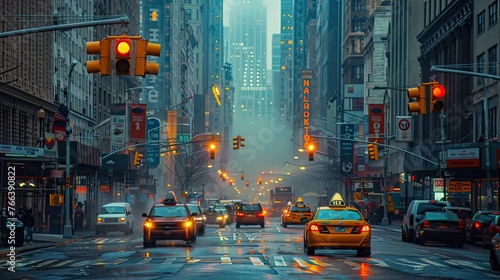 Bustling City Streets Illuminated by Traffic Lights and Neon Signs,Guiding Travelers Through the Urban Landscape