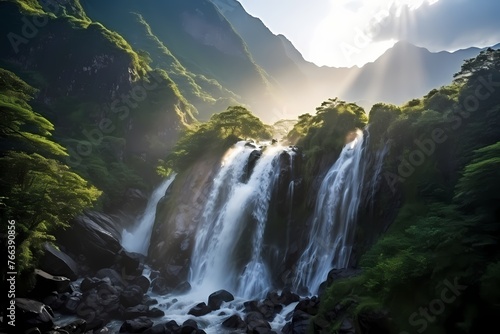 Sunlight dancing on a pristine waterfall, creating a breathtaking spectacle amidst lush mountain peaks © Nature