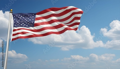 American independence day background with realistic American flag with clouds and blue sky behind it