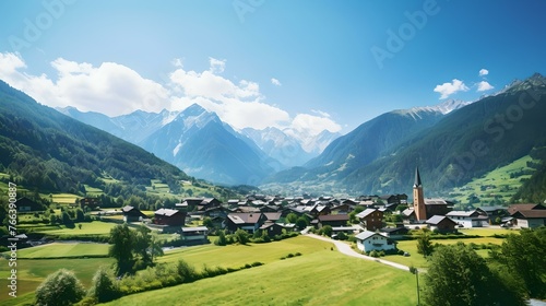 Idyllic mountain valley town amidst majestic peaks under blue sky