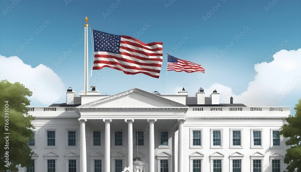 American independence day background with realistic American flag and American white house with clouds and blue sky and  behind it 