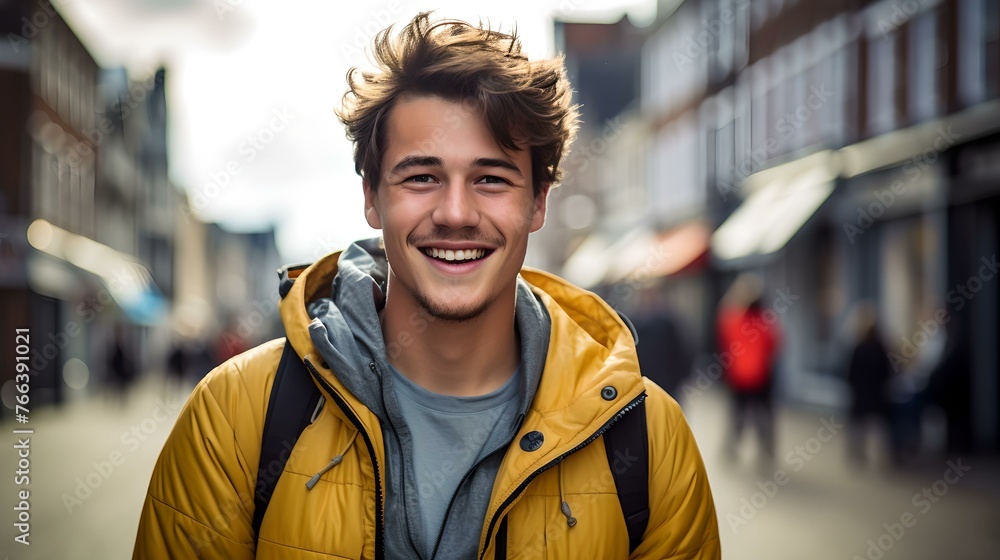 Casual young man smiling on a city street with a yellow jacket and backpack Casual young man smiling on a city street with a yellow jacket and backpack
