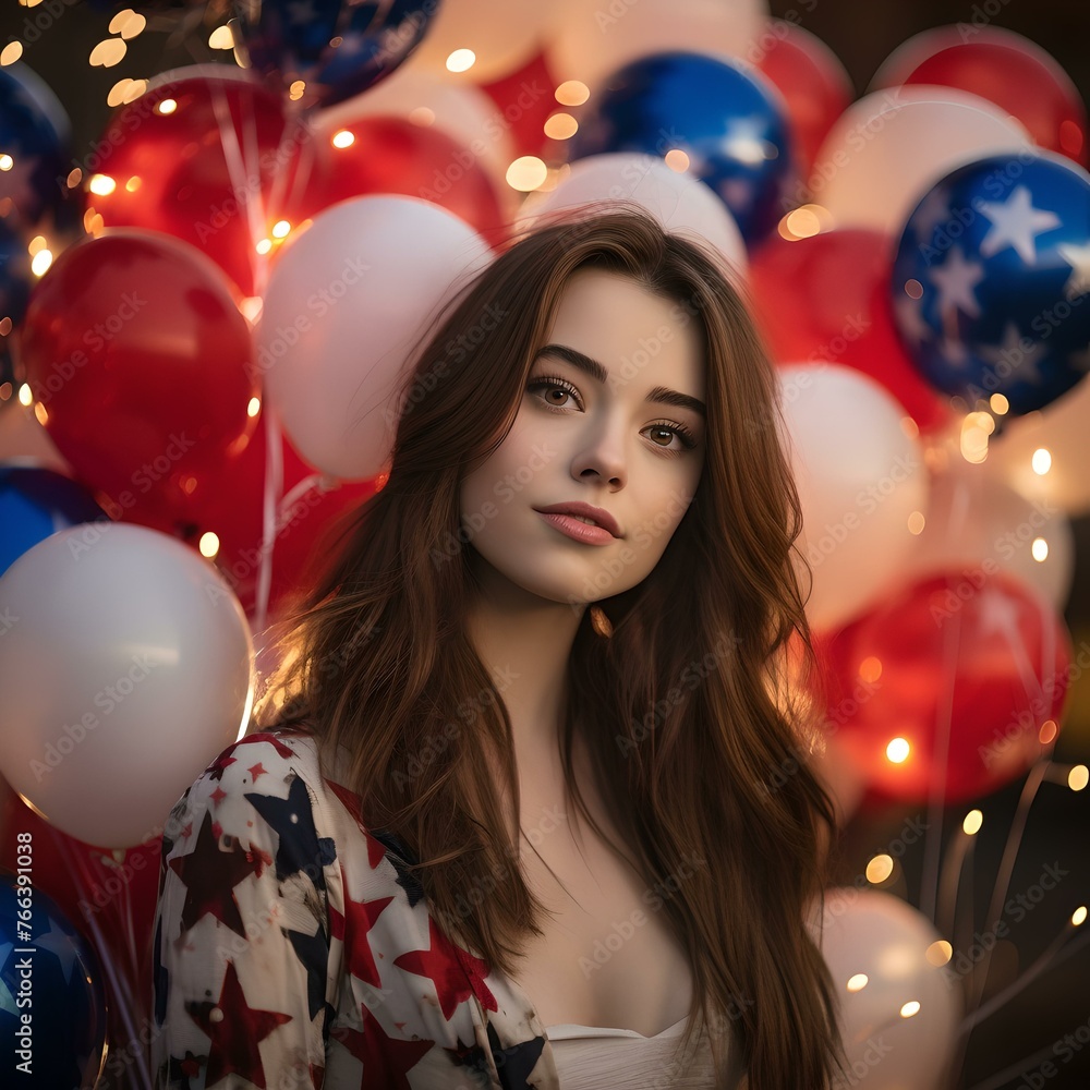 Patriotic young woman with red, white, and blue balloons celebrating national holiday Patriotic young woman with red, white, and blue balloons celebrating national holiday