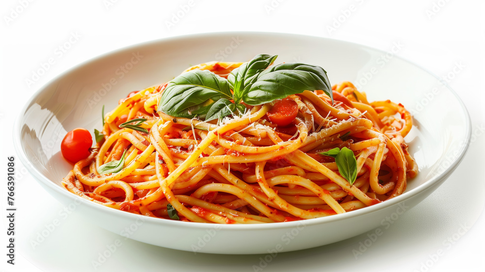 Close-up of Italian spaghetti pasta garnished with fresh basil, cherry tomatoes, and grated Parmesan cheese, isolated on a white background with a slight shadow, suitable for culinary concepts Close-up of Italian spaghetti pasta garnished with fresh basil, cherry tomatoes, and grated Parmesan cheese, isolated on a white background with a slight shadow, suitable for culinary concepts
