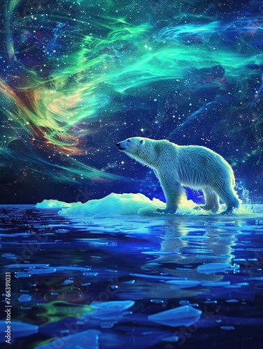 Fiery polar bear on icy ocean, northern lights, night, mystical glow © Katawut