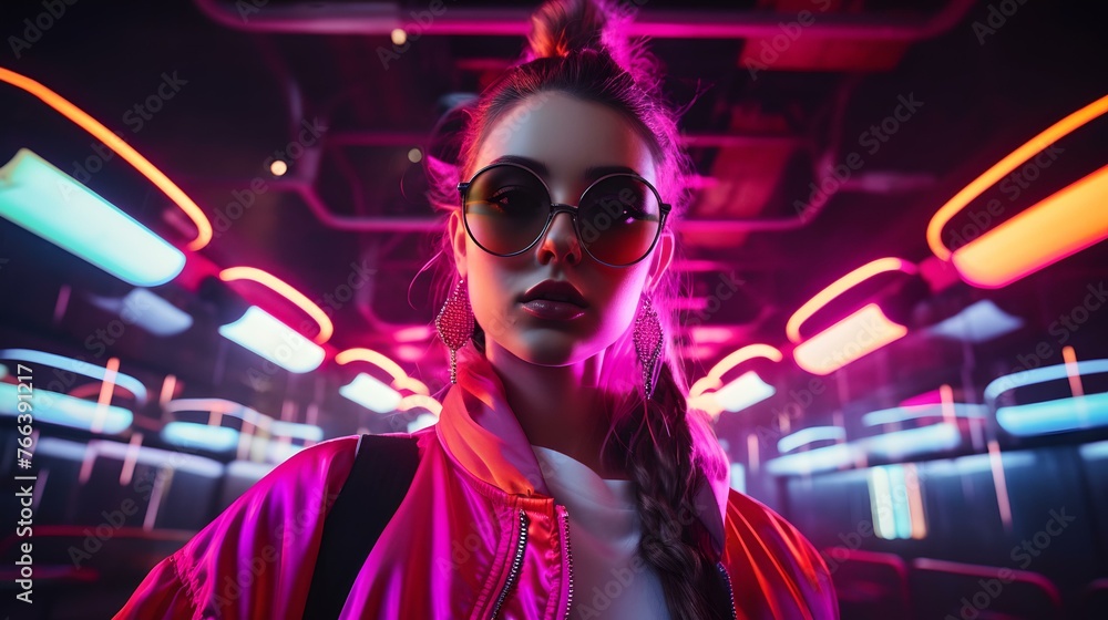 Trendy young woman in sunglasses with neon lights and urban style Trendy young woman in sunglasses with neon lights and urban style