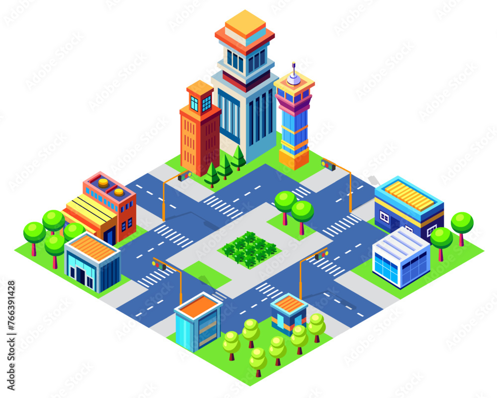 Isometric urban megalopolis top view of the city infrastructure town,