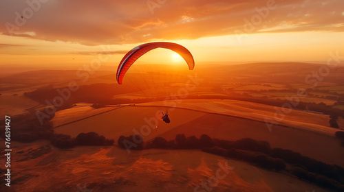 Golden hour paraglider on a clear orange sky and sunset with a nice wind windy, mountain landscape, backdrop, banner, background, template