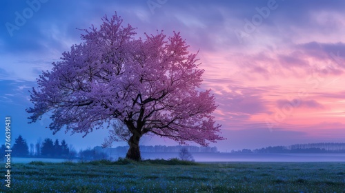 Before sunrise, a beautiful spring morning is captured during the blue hour. 