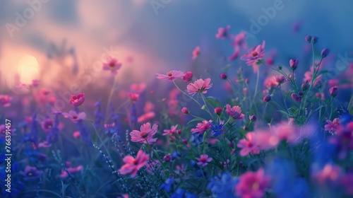 Beautiful colorful wildflowers at dawn in the spring morning