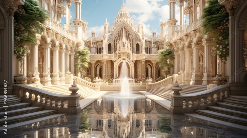 Majestic Ethereal Luxury Palace with Ornate Classical Architecture and Serene Reflecting Fountain