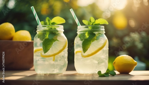 Lemonade with mint in jars, garden in the background, ai