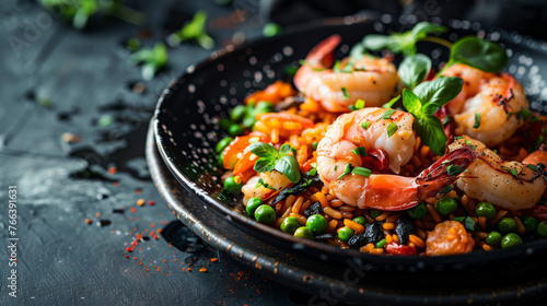 Gourmet shrimp and vegetable stir-fry with fresh basil garnish, served on a dark plate, ideal for culinary, health, or lifestyle-themed content