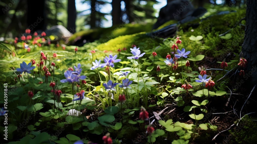 A close-up of delicate wildflowers blooming amidst a sea of green leaves, adding pops of color to the forest floor.