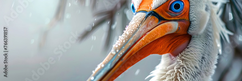 a close up of a bird with a long beak and a large beak with a large orange beak and large blue eyes.
