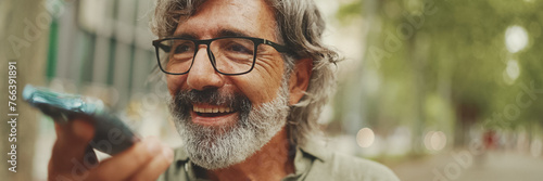 Clouse-up, Panorama of smiling middle-aged man with gray hair and beard sits on bench and uses mobile phone. Mature gentleman in eyeglasses recording voice recognition message on speakerphone photo