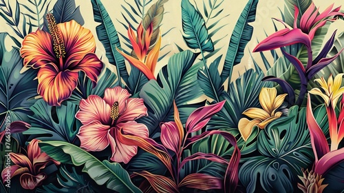 Tropical Exotic Landscape Wallpaper. Hand Drawn Design. Luxury Wall Mural