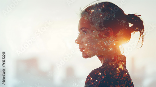 Strong woman standing and fighting with sunset, Winning and life goals concept, feminism, inspiration, motivation, double exposure