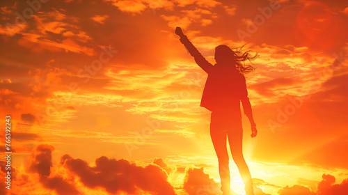 Silhouette strong woman standing and fighting with sunset, Winning and life goals concept, feminism, inspiration, motivation