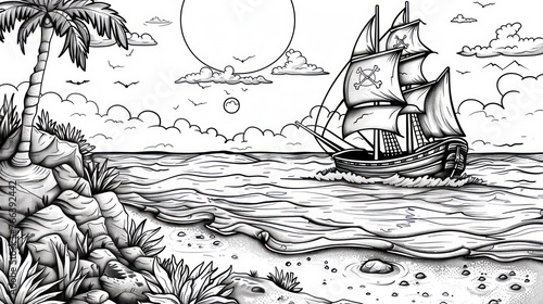 Pirate ship coloring page sailing near a tropical island shore on a sunny day
