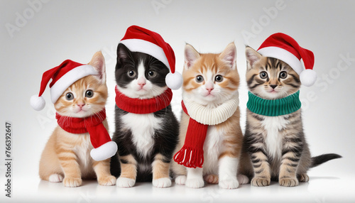 Set of Christmas Cute cartoon pets, kittens and puppies in a hat and scarf with a Christmas decor isolated on white colorful background © Fukurou