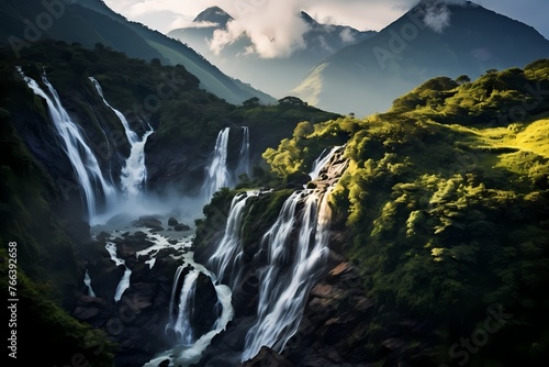 Sunlight dancing on a pristine waterfall, creating a breathtaking spectacle amidst lush mountain peaks