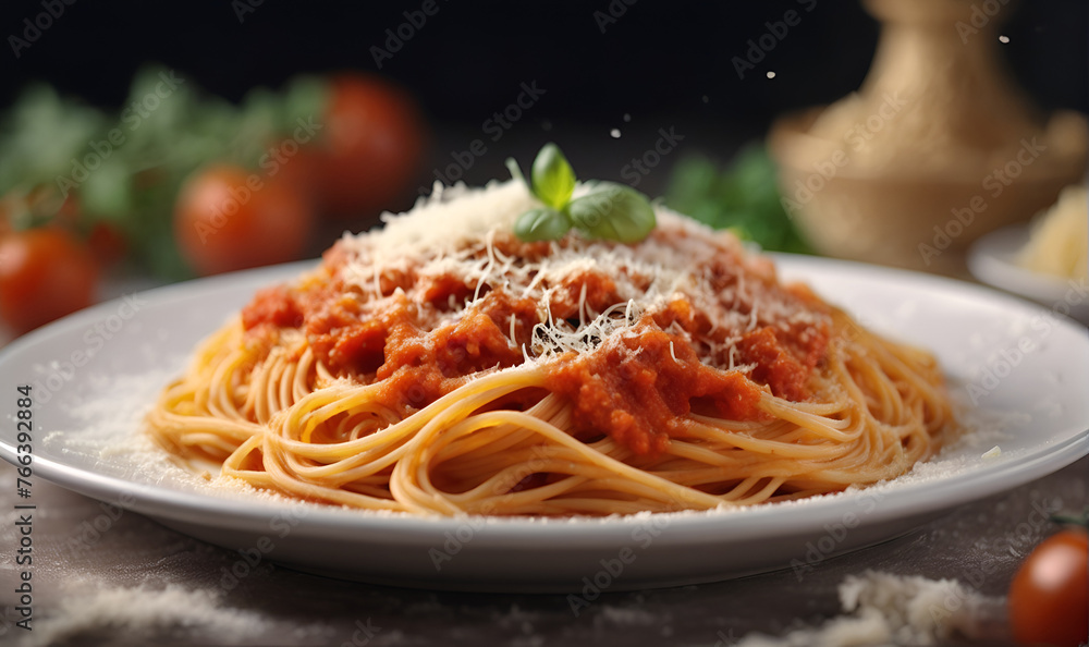 Italian-style pasta, cooked pasta with sauce and herbs in a bowl Italian-style pasta, cooked pasta with sauce and herbs in a bowl