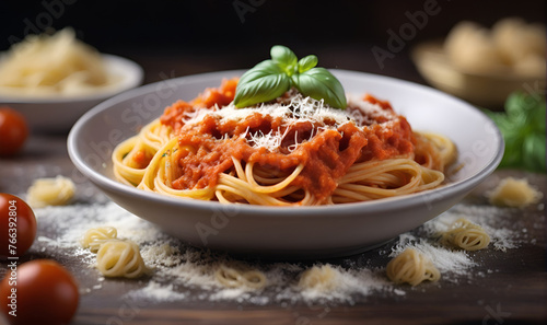 Italian-style pasta, cooked pasta with sauce and herbs in a bowl