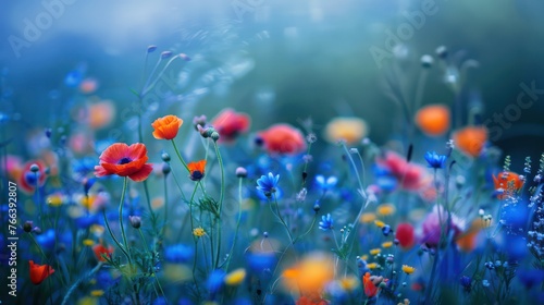 Beautiful colorful wildflowers at dawn in the spring morning
