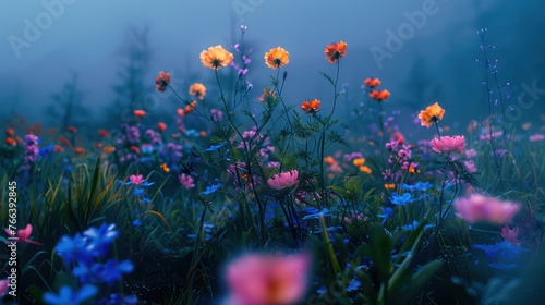 Beautiful blooming flowers at dawn in the spring morning